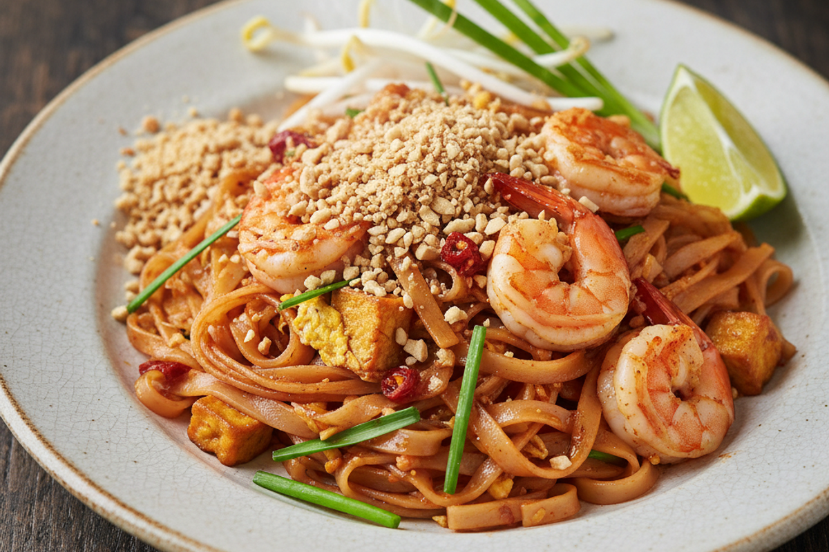 Noodle dish with shrimp and crushed peanuts on top. 